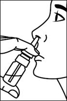 A black and white drawing of a person using a nasal spray
Description automatically generated
